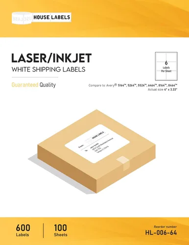 Vista 2 de 25 hojas, 150 etiquetas, 6-up, etiquetas de envío (4.0" X 3 – 1/3") – -sin BPA gratis. For Laser and Inkjet Printers, 25 Sheets