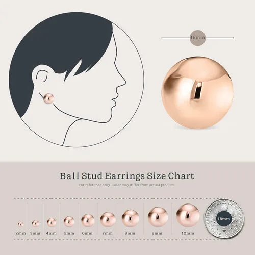 Vista 4 de 18k Rose Gold Plated Sterling Silver High Polished Ball Bead Stud Earrings ALL SIZES