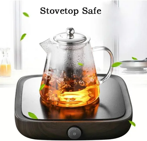 Vista 2 de Tetera de vidrio con infusor Tetera de 32 oz/43 oz Hervidor de té seguro para estufa Juego de tetera para té floreciente y de hojas sueltas