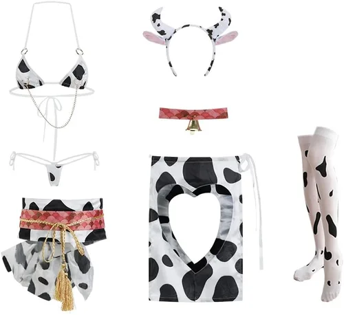 Vista 6 de Conjunto de brasier y calzón de bikini de vaca para mujer, lencería japonesa Kawaii (traje de vaca 3)