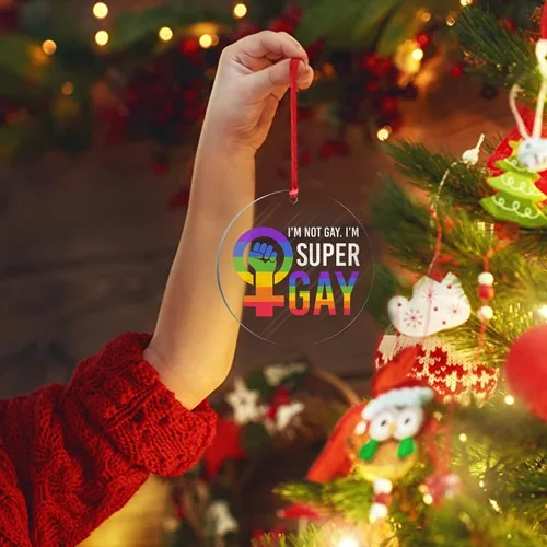 Vista 18 de Adorno acrílico de Navidad con texto en inglés "I May Be Straight But I Don't Hate LGBT, decoración de árbol de Navidad, adorno gay para árbol