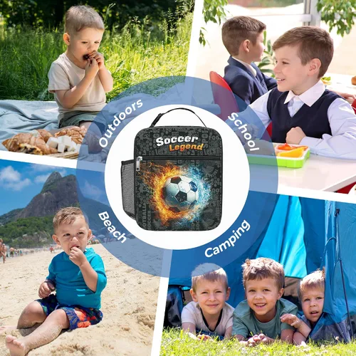Vista 7 de Clastyle Bolsa de almuerzo con aislamiento 3D para niños, bolsa térmica grande para niños, picnic, escuela, lonchera tote, fútbol de fuego