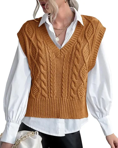 Vista 21 de Chaleco de suéter para mujer Lueluye V cuello sin mangas de punto sólido casual acanalado estilo preppy Beige