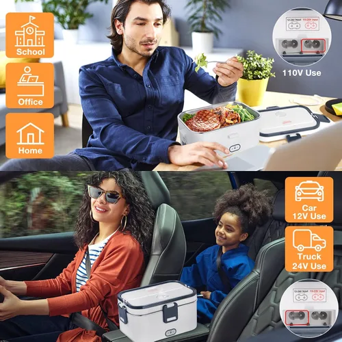 Vista 4 de hatisan Fiambrera eléctrica, calentador de alimentos portátil, lonchera térmica, contenedor de almuerzo calentador para adultos, 60 W, 1.8 L, 12
