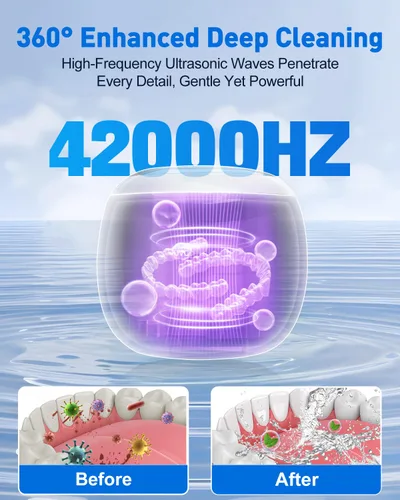 Vista 3 de Limpiador ultrasónico de dentadura, máquina limpiadora de retenedores ultrasónicos para dentaduras, protectores bucales, frenillos, cepillo