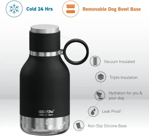 Vista 2 de Botella Buddy de Asobu, una botella de agua aislada de acero inoxidable con cuenco de agua removible para perros y cuenco de almacenamiento