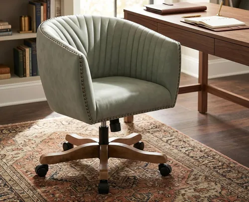 Vista 8 de Silla de escritorio de piel sintética beige, silla de escritorio tapizada giratoria con brazo ajustable con cabezas de clavos, cómoda silla