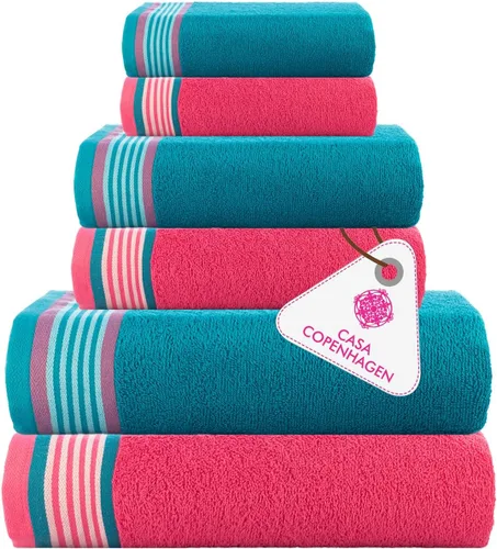 Vista 27 de CASA COPENHAGEN Exotic - Juego de 6 toallas de diseño de 100% algodón egipcio, color azul aguamarina, 550 GSM, 2 toallas de baño, 2 toallas de baño