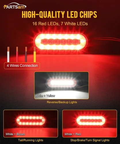 Vista 3 de Partsam 2 luces de freno de freno ovaladas de 6.3 pulgadas para camión, remolque, luces traseras de marcha atrás rojas y blancas, luces traseras