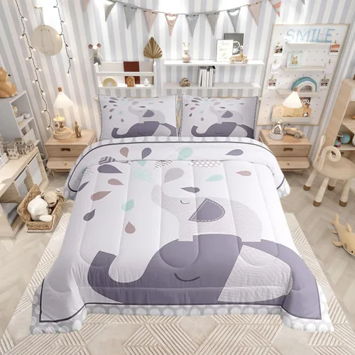 Vista 8 de Lindo Juego de Edredón de Elefante Juego de Ropa de Cama de Animales de Dibujos Animados para Niños Niñas Mujeres Adultos Edredón de Hojas