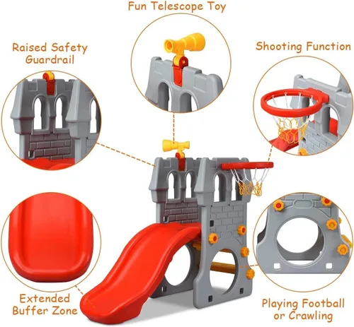 Vista 4 de OLAKIDS Tobogán 5 en 1 para niños pequeños, escalador de patio de juegos para interiores y exteriores con tobogán, aro de baloncesto, telescopio