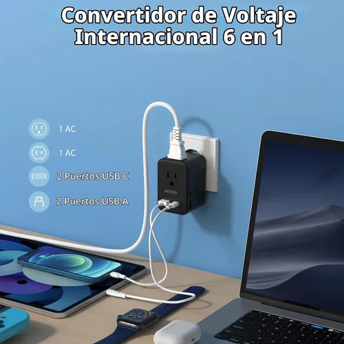 Vista 3 de ANTPO - Convertidor de voltaje de 220 V a 110 V de EE. UU. a Europa con 2 puertos USB, 2 USB C PD 20 W, 2 salidas de CA convertidor de viaje