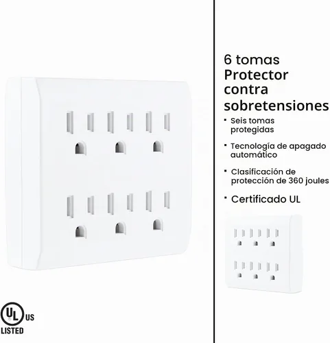 Vista 3 de GE 37155 Protector de sobretensiones extensor de 6 tomas, enchufes de seguridad resistentes a manipulaciones, tecnología de apagado automático, 440