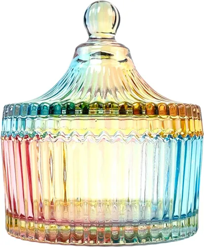 Vista 18 de Tarro de almacenamiento de caramelos de vidrio de cristal colorido con relieve, lujoso recipiente para buffet de galletas con tapas, caja