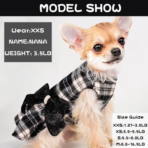 Vista 2 de Vestido de perro para perro pequeño, suéter Yorkie para niña, ropa de cachorro a cuadros, chihuahua, gato, linda ropa de forro polar cálido