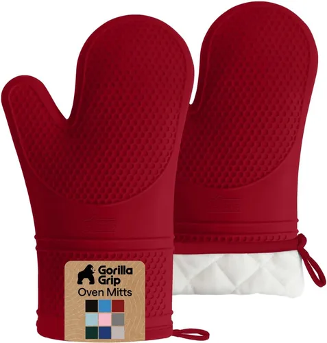 Vista 28 de GORILLA GRIP - Juego de guantes de horno de silicona suave sin BPA, guantes de cocina resistentes al calor e impermeables, forro de algodón grueso
