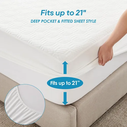 Vista 4 de Cozymaker Protector de colchón 100% impermeable, tamaño individual, funda de colchón refrescante ajustable de 8 a 21 pulgadas, bolsillo profundo
