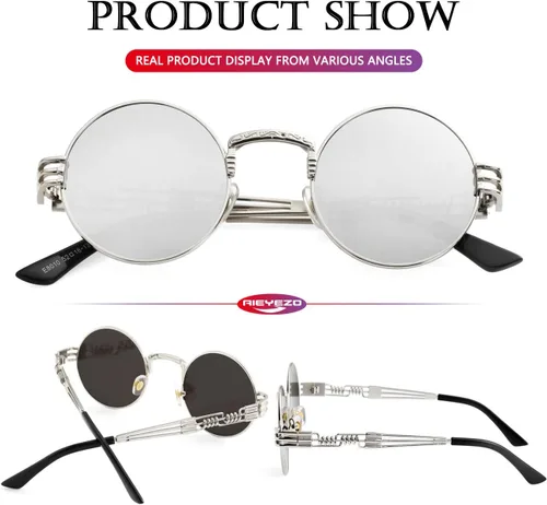 Vista 5 de AIEYEZO Gafas de sol redondas steampunk Circle Lennon Hippie, marco de metal, lente de bloqueo UV 100%