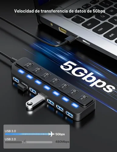 Vista 3 de WIRWTRU Hub USB de 7 puertos, divisor de concentrador USB 3.0 con interruptores LED individuales de encendido/apagado, concentrador USB para PC