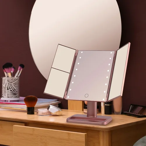 Vista 5 de MELANNCO - Espejo de tocador con luces, espejo de maquillaje LED de tres pliegues de oro rosa para escritorio, 16 luces LED, 2 secciones de aumento