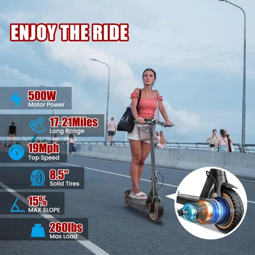 Vista 2 de Electric Scooter, 500W Motor, Up to 17-20MPH &19-21 Miles, Commuter Escooter, Foldable E-Scooter for Adults with APP and Dual Braking System