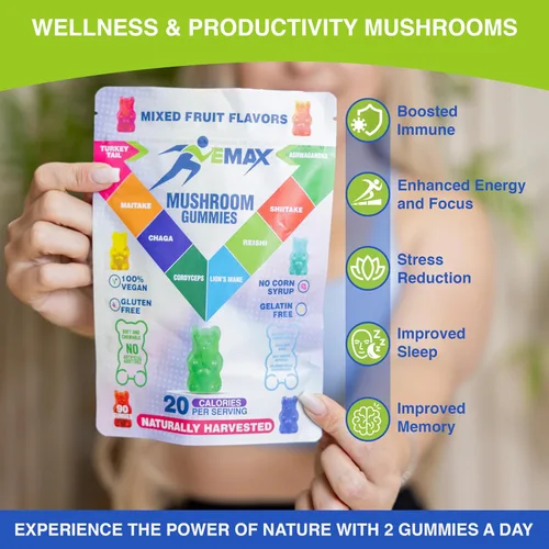 Vista 6 de Ashwagandha and Lions Mane - Gomitas de hongos para adultos – Orgánicas – Reishi, Maitake, Chaga, Cordyceps, Shiitake, cola de pavo – Apoyo