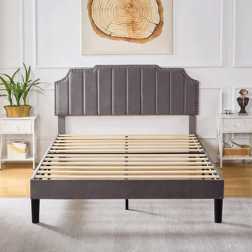 Vista 5 de VECELO Base de cama tamaño Queen tapizada con cabecera ajustable copetuda/base de colchón con soporte de listones de madera, fácil montaje, gris