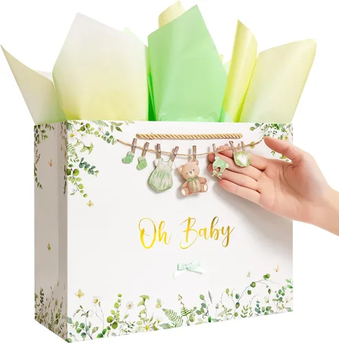 Vista 10 de Crisky Bolsa de regalo grande de 13" para niño con papel de seda, tarjeta de regalo y lazo para decoración de baby shower y cumpleaños de niño