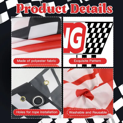 Vista 3 de Decoraciones para fiestas de autos de carreras, 3 piezas con temática de carreras, banderas a cuadros, para colgar en cabina de fotos de cumpleaños