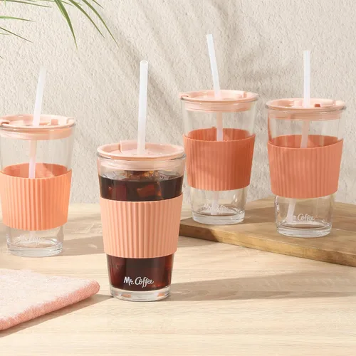 Vista 4 de Mr. Coffee Sip Savvy - Paquete de 4 vasos de vidrio rosa rubor de 15 onzas con tapas y pajillas, reutilizables para café helado, aptos