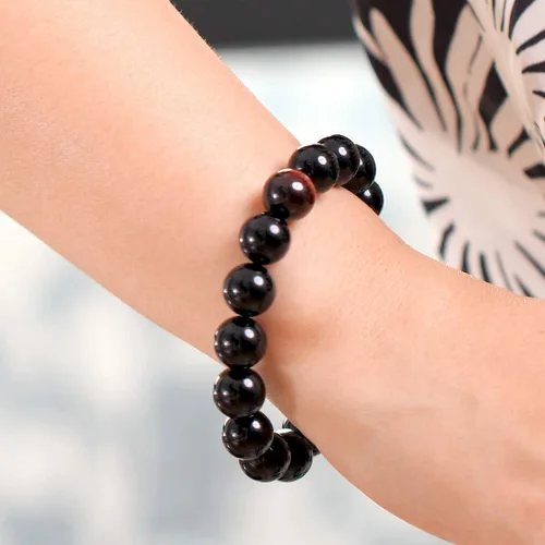 Vista 7 de Jewever Pulsera de obsidiana negra con ojo de tigre para hombre y mujer, cristal curativo elástico, cuentas de 0.472in, unisex, 7.0in