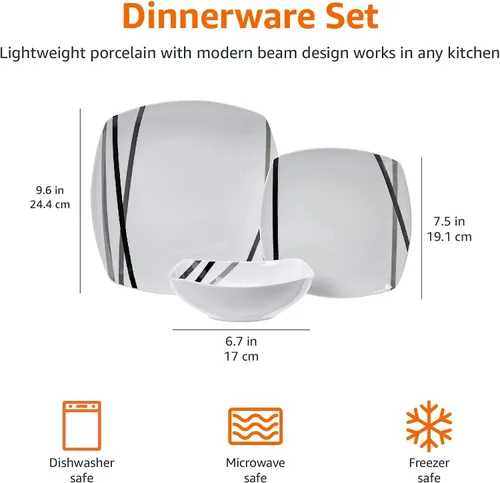 Vista 7 de Amazon Basics - Juego de vajilla de cocina de 18 piezas (platos y tazones cuadrados), servicio para 6 - Rayas modernas