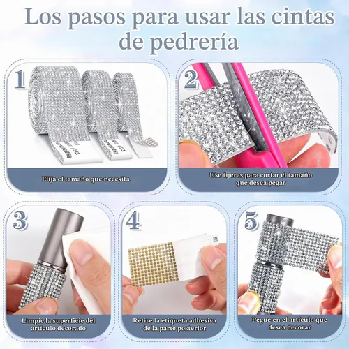 Vista 7 de Cludoo 3 rollos de cintas de diamantes de imitación, tiras de diamantes de imitación autoadhesivas plateadas