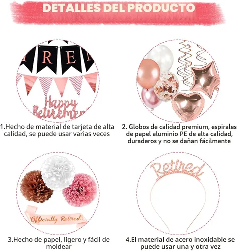Vista 5 de Decoraciones de Fiesta de Jubilación Oro Rosa, 63 Piezas Decoraciones de Fiesta de Jubilación para Mujeres Pancarta de Feliz Jubilación Remolinos