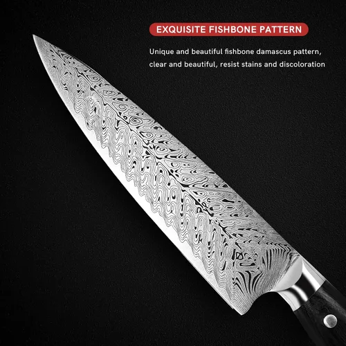 Vista 2 de WAK Cuchillo de chef de 8 pulgadas, patrón de damasco de espiga, cuchillo de cocina de hoja de acero inoxidable súper afilado, cuchillo de chef