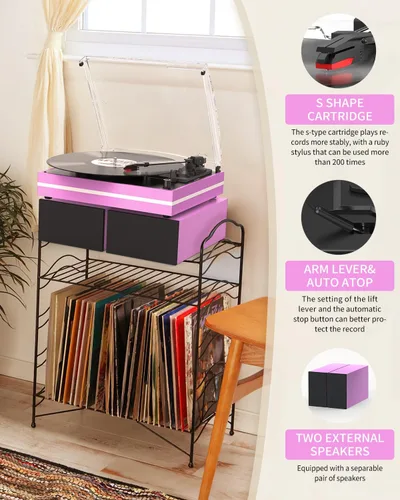 Vista 6 de Reproductor de discos de vinilo con dos altavoces externos, tocadiscos de transmisión por correa para discos de vinilo, altavoces estéreo duales