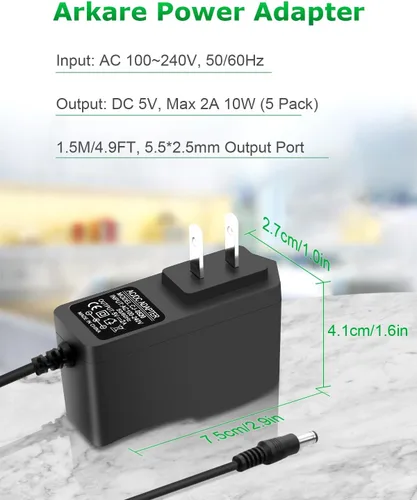 Vista 6 de Adaptador de fuente de alimentación DC de 5V 2A 10W Cargador de enchufe de pared AC/DC AC 100V-240V a D C 5 voltios 2Amp 1A 1.5A Cable