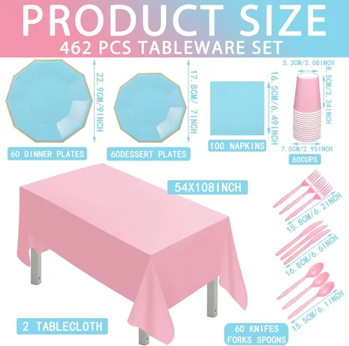 Vista 3 de Nitial 462 piezas de suministros para fiesta de revelación de género, vajilla para baby shower, niños o niñas, platos de revelación de género rosa