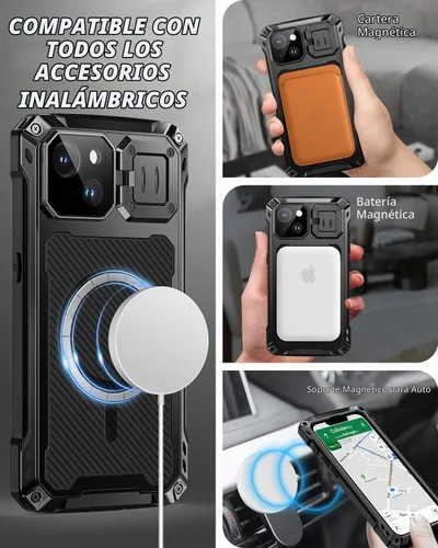 Vista 3 de Lanhiem Funda de metal para iPhone 13 con funda de cámara y soporte [compatible con MagSafe] [Soporte integrado] [Protección de grado militar] Funda