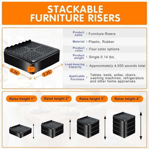 Vista 2 de shouwuhho Elevadores de muebles, paquete de 12 elevadores de cama con agarre antideslizante y soporte resistente, elevación de 1 pulgada, 2