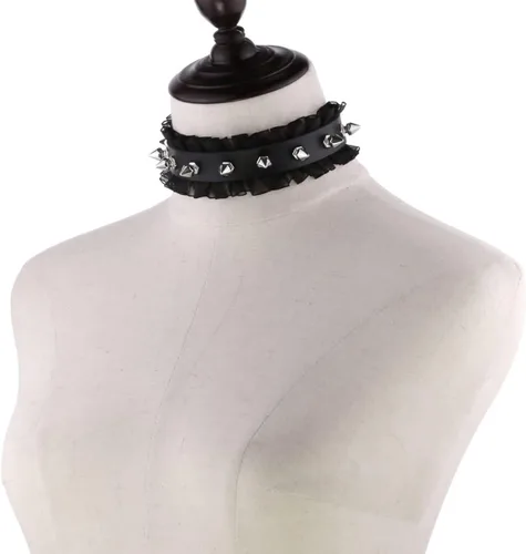 Vista 6 de Gargantilla de piel gótica para mujer, con remaches de encaje y cuello ajustable