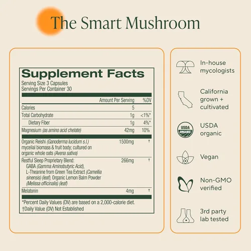 Vista 8 de OM MUSHROOM SUPERFOOD Cápsulas de hongos para dormir, suplemento superalimentario, 90 unidades, 30 días, Reishi, GABA, L-teanina, melatonina