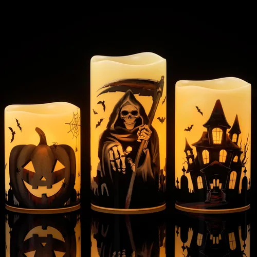 Vista 12 de Wondise Velas de Halloween sin llama con temporizador de 6 horas, velas LED negras de cera real que gotean a pilas, mecha 3D, parpadeante