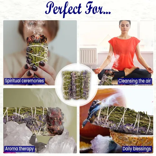Vista 7 de Kit de manchas de salvia para la limpieza de energía negativa, hogar y creación de la energía de la felicidad, palitos de salvia con romero