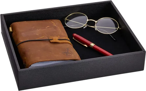 Vista 5 de Juvale Paquete de 2 bandejas de cuero sintético para hombre, organizador de terciopelo para entrada, mesita de noche, llaves, cartera