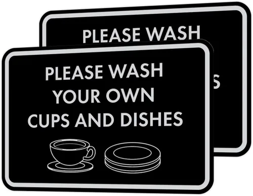 Vista 37 de Letrero clásico enmarcado con texto en inglés «Please Wash Your Own Cups and Dishes» (negro)