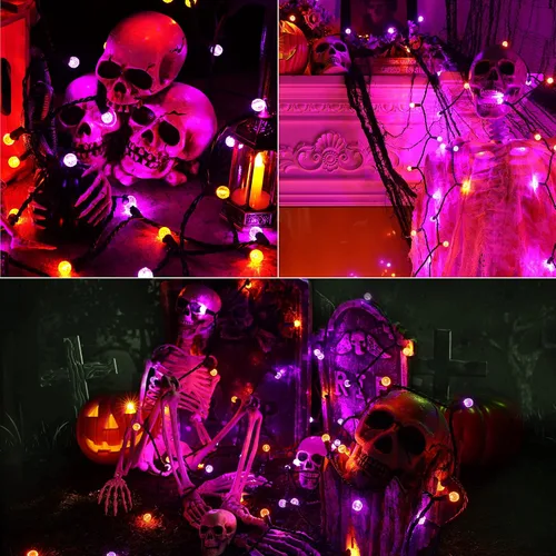 Vista 8 de Brizled - Luces de Halloween moradas y naranjas, 7.5 mt, 70 luces LED G12, de 120 V, enchufables, luces moradas y naranjas, juego de luces
