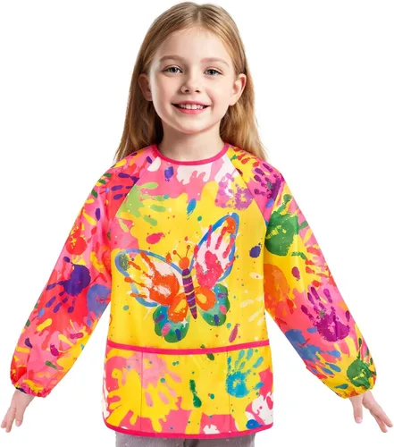Vista 14 de WERNNSAI Bata de arte para niños impermeable con manga larga y 3 bolsillos de pintura