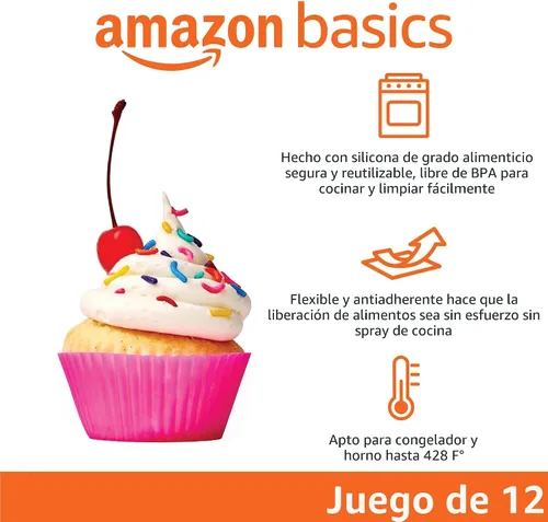 Vista 2 de Amazon Basics Tazas de silicona reutilizables para hornear, moldes para muffins libres de BPA, aptas para lavavajillas, 7.3 x 7.3 x 3.3 cm