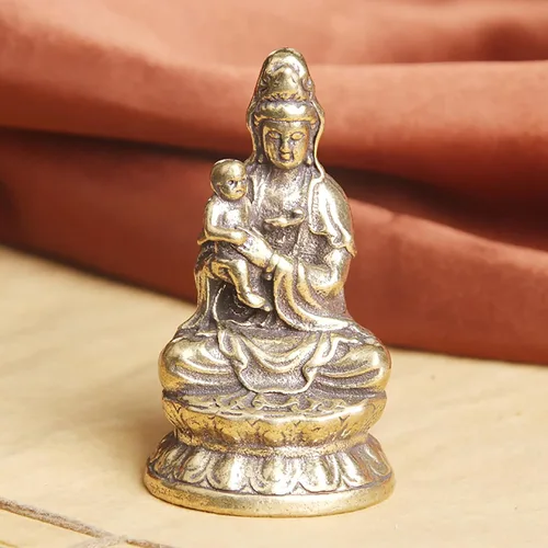 Vista 7 de Estatua de latón macizo Guan Yin Abrazo Bebé Metal Arte Diosa Estatua Religiosa Inspiradora Feng Shui Estatua de Buda Kwan Yin Meditación Pacífica